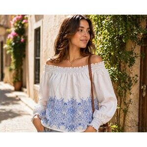 Calligraphie Women’s Off Shoulder Blouse L White Blue Embroidered Boho Linen Top